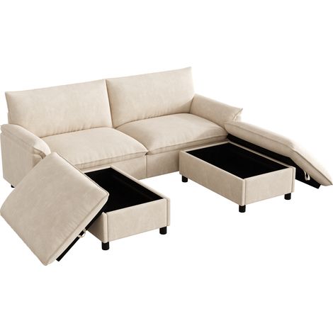 Sofá Modular 5 Plazas con Función Cama, Reposapiés Móvil y Almacenaje, Chenilla Beige (1/5)