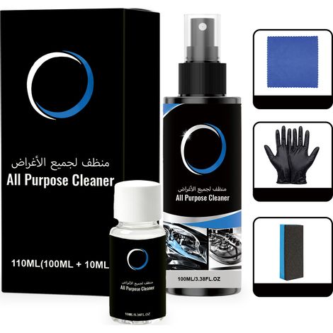 Kit de nettoyage et détachant multi-usages pour la cuisine (graisses tenaces) et la salle de bain (calcaire). Contient : 1 flacon de 100 ml de nettoyant multi-usages (10 ml), 1 éponge, 1 chiffon et 1 (1/5)
