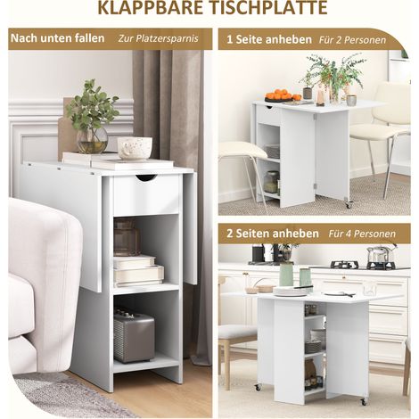 Table de cuisine pliante blanche pour 2-4 personnes, extensible avec roulettes et rangement intégré (1/4)