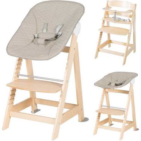 Chaise haute évolutive 2-en-1 - ROBA - BORN UP - Transat inclinable 'Greyish matelassé' inclus - Bois naturel
