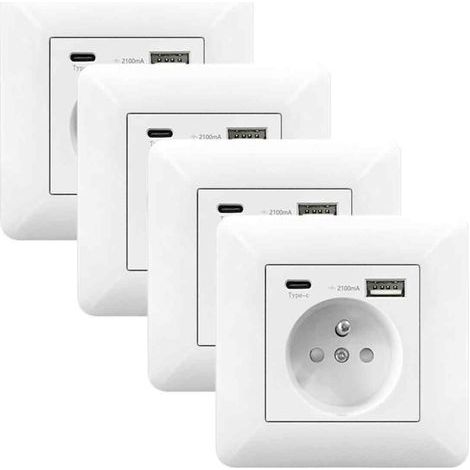 Lot de 4 Multiprise Murale 16A avec USB et Type C – Prise Encastrable pour Téléphone, Smartphone et Tablette (1/5)