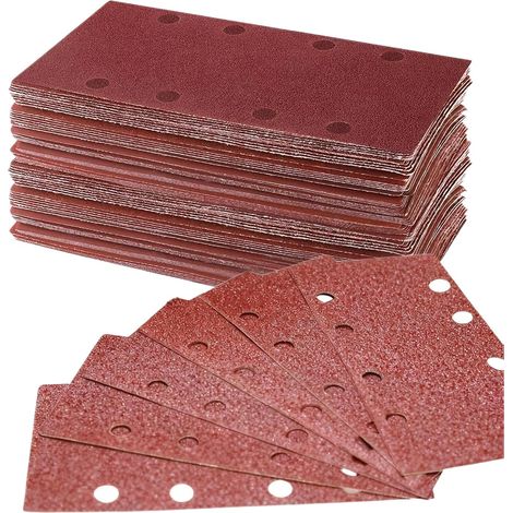 100 Pièces Feuilles Abrasives 93 x 185 mm avec 8 Trous, Papier Abrasif Rectangulaire pour Ponceuse Vibrante, Bois, Métal et Peinture, Feuilles Abrasives Grains 40/60/80/120/180/240/320/400 (1/5)