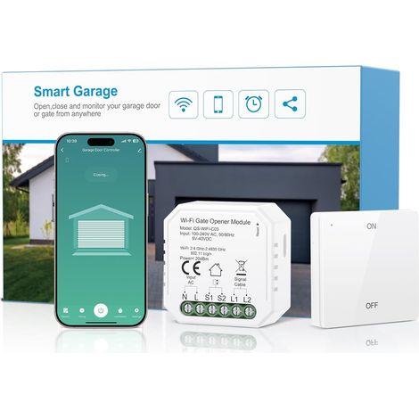 Ouvre-Porte de Garage Connecté Wi-Fi, Compatible avec , Contrôle par Application, Commande Vocale, Compatible avec Alimentation CC et CA, avec Télécommande