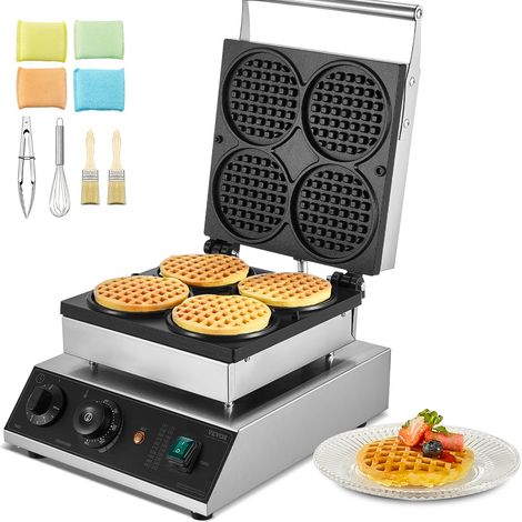 Gaufrier Commercial 1750 W, Appareil à Gaufres Rondes Capacité 4PCs, en Acier Inoxydable, Antiadhésif, avec Contrôle de la Température et du Temps, pour Restaurant, Boulangerie, Snack-bar (1/5)