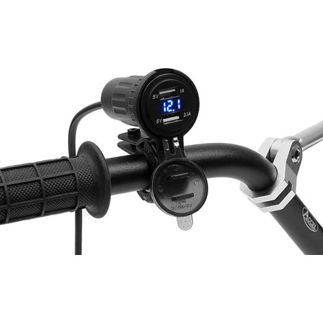 Enchufe doble para motocicleta Biketec con retroiluminación y voltímetro, para montaje en el carenado o en el manillar. (1/3)