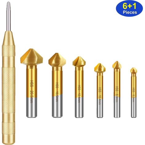 Jeu de 6 fraises à 90° en acier rapide (HSS), diamètre 6,3-20,5 mm, tête fraisée, revêtement titane, avec 1 poinçon automatique en laiton.