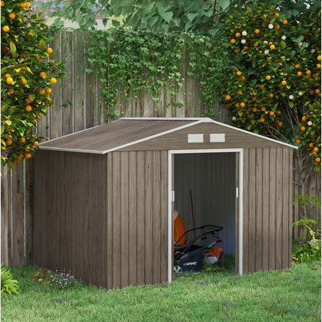 Abri de jardin 4,9 m² en acier galvanisé, toit monopente, portes coulissantes, brun clair (1/5)