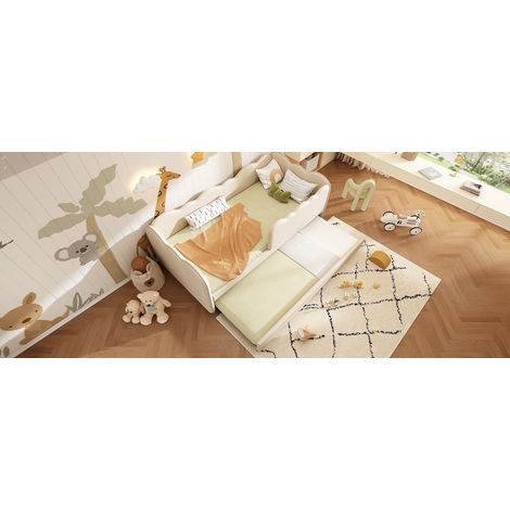 Cama nido 90x190 cm beige tapizada en lino, con cama extraíble y ruedas con freno (1/5)