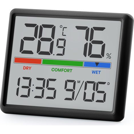 Thermomètre Hygromètre Intérieur Portable, Indicateur de Confort, Affichage LCD avec Horloge, °C/°F, Format 12/24h, Alarme, Fixation Murale/Magnétique/Support, (Noir Mat) (1/5)