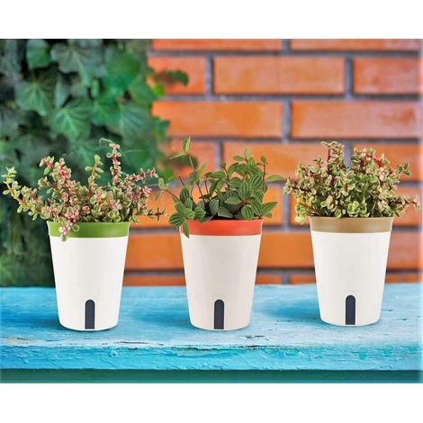 Set di 3 vasi da fiori autoirriganti, vasi rotondi in plastica da 12,5 cm, vasi per fiori da giardino e bonsai - Con indicatore del livello dell'acqua e vassoio con foro di drenaggio nascosto