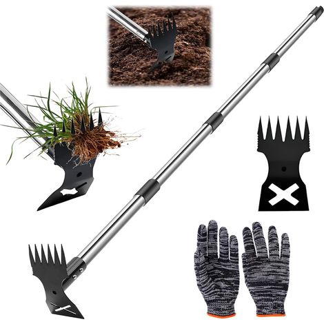 Rastrello per diserbo, attrezzo manuale per diserbo, estrattore di erbacce con manico lungo, rastrello e zappa 2 in 1, attrezzi da giardinaggio per cortile, prato e patio (1/5)