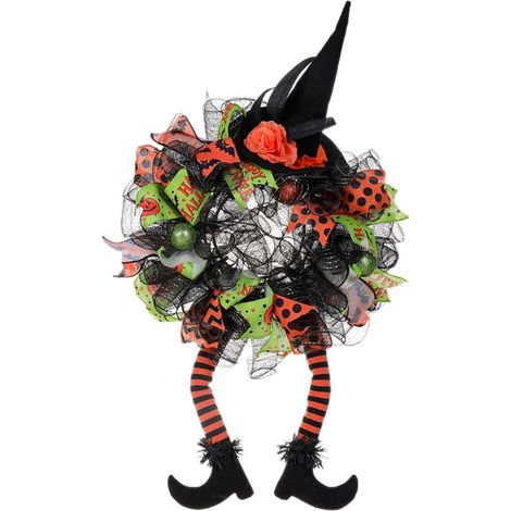 Couronne d'Halloween, à accrocher à la porte d'entrée, décoration de fête en forme de jambe de sorcière lumineuse (1/5)