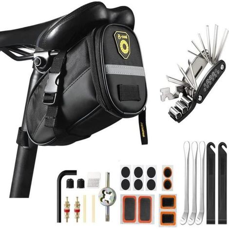 Trousse D'outils De Vélo - 1 Litre - Pour Vtt Vélo Route Vélo Pliant - 3 Leviers Pneu 12 Patchs 1 Lime Métal - 1 Sacoche Selle Noire (1/3)