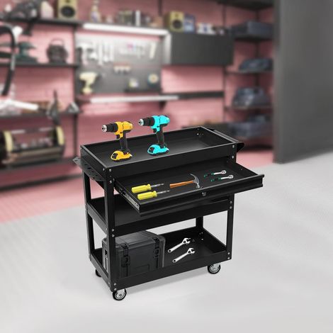 Servante à outils à roulettes à 3 niveaux avec tiroir de rangement. Le chariot à outils est équipé de quatre roulettes pour atelier, garage, entrepôt (noir) (1/5)