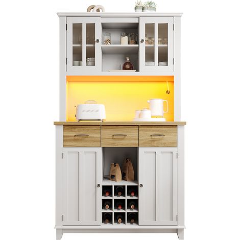Armoire de cuisine, 106 x 40 x 179.5, meuble haut de cuisine, vaisselier vitré, buffet avec étagères réglables, buffet avec éclairage LED, buffet (tiroirs couleur bois) (1/5)