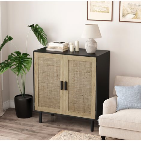 Armario de almacenamiento 80x40x88 cm negro en MDF y ratán con 2 puertas y estantes (1/5)