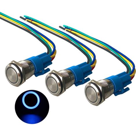 Interrupteur Poussoir Momentané 12 V 24 V 5 A - Diamètre 16 mm - LED Bleue - Étanchéité IP67 - Pour Applications Automobile Marine Extérieure - Lot de 3 (1/5)