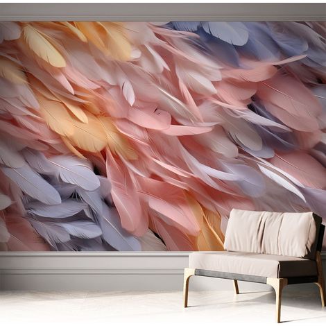 Papier peint adhésif décoratif pour chambre et salon Design moderne à poser facilement Plumes pastel 312x219 cm (1/5)