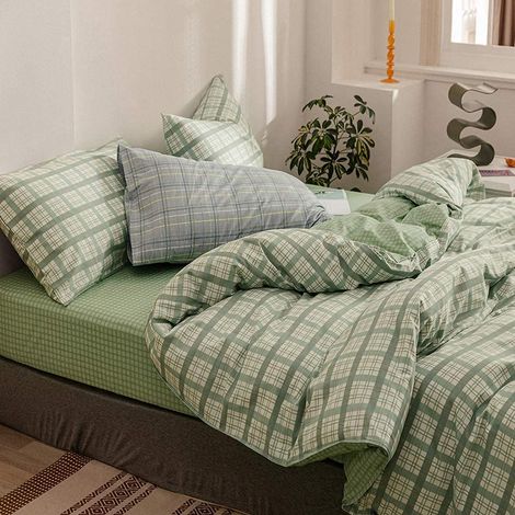 Parure de lit réversible en microfibre - 140 x 200 cm - Motif à carreaux - Vert et blanc - Avec housse de couette et taie d'oreiller de 70 x 90 cm - Avec fermeture éclair (1/5)