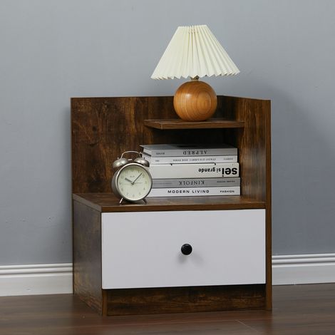 Urban Style Wooden Bedside Table with Drawers and Open Shelves, White and Rustic Brown (1/5)