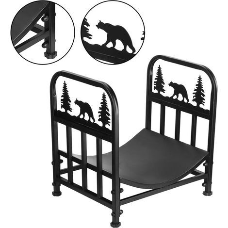 Étagère de rangement pour bois de chauffage d'intérieur avec crochets en bois d'allumage, support de bûches stable et antirouille et organisateur de décoration de cheminée (1/5)