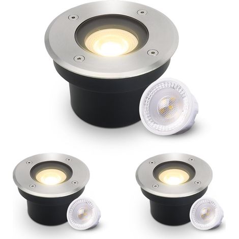 LED Bodeneinbaustrahler FLACH rund Edelstahl 230V IP67 - Leuchtmittel: 5W 2700K DIMMBAR 60° - Anzahl: 3x (1/5)