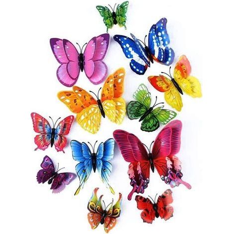 Künstlicher 3D-Doppelflügel-Schmetterling, Dekoration für Hochzeiten, Partys und Zuhause, Schmetterlings-Wandaufkleber in verschiedenen Farben, 6 Farben, 12 Stück (Farbmix) – Fei Yu (1/5)