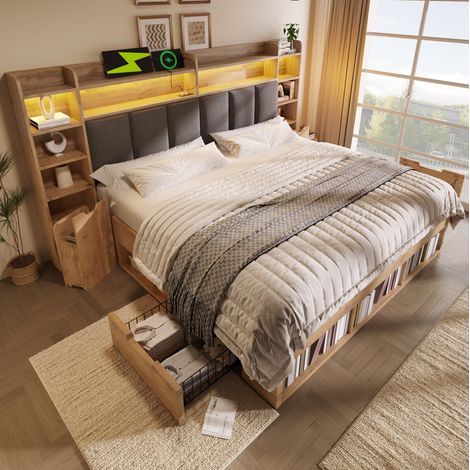 Lit 2 places 180x200 cm MDF chêne LED USB rangement, sommier à lattes sans matelas - CHICFURN (1/5)