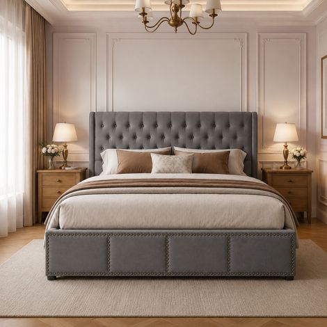 MEUBLIV Letto 140x190 cm grigio con contenitore a pistoni, velluto, senza materasso (1/5)
