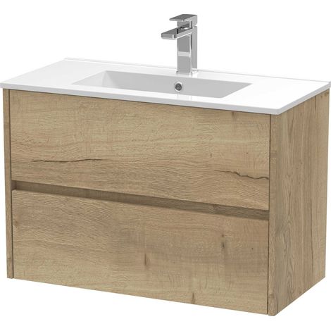 Nuie Havana Autumn Oak Woodgrain 800mm Wall Hung 2 Drawer Vanity Unit and Minimalist Ceramic Basin - HAV806B (1/4)