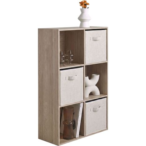 Estantería 6 Cubos Abril, Librería de Pie 3 Cajones Tela, Sala de Estar Roble Sonoma y Beige 60x89x28 cm