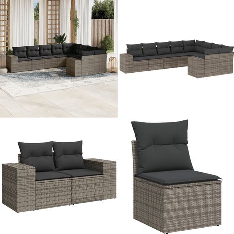 Salon de jardin 9 pcs avec coussins gris résine tressée - Salon De Jardin - Salon Extérieur - Ensemble De Canapés - Meuble De Jardin - Résine Tressée - Home & Living (1/5)