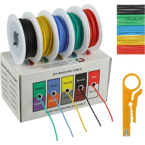 Kit Câbles en Silicone 26 AWG Kit de Fil électrique Toronné en Cuivre étamé 300 V Avec 20φ3mm Tubes (5 Couleurs, 10Meter Chacun, 26 AWG) Flexible et Doux Pour DIY (1/5)