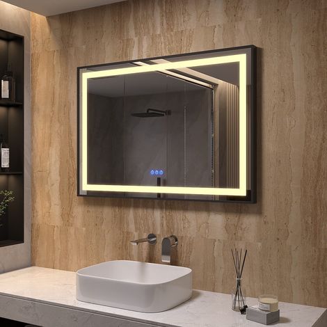 100x70 cm Badspiegel LED Beleuchtungsspiegel Antibeschlage Badezimmerspiegel Kaltweißes 6400K & Warmweiß 3000K SAUTENS-Serie Schwarz Rahmen Energiesparend Lichtspiegel (1/5)