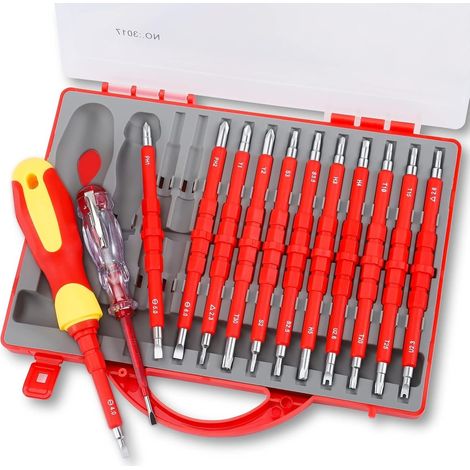 Destornillador de electricista 24 en 1, destornillador aislado, juego de destornilladores, estuche de destornilladores, juego de destornilladores aislados intercambiables VDE con comprobador de voltaj (1/5)