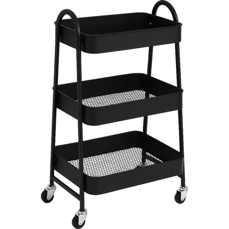 Chariot Métallique Rectangulaire 3 Niveaux à Roulettes - Noir - Rangement Pratique - L 45 x P 32 x H 78 cm - Livraison gratuite