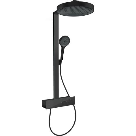 Colonne de douche avec mitigeur thermostatique, douche pluie 360 mm avec robinet, douchette (3 jets), support, flexible, barre et douche de tête ronde 1 jet, Noir mat, 26853670 (1/5)