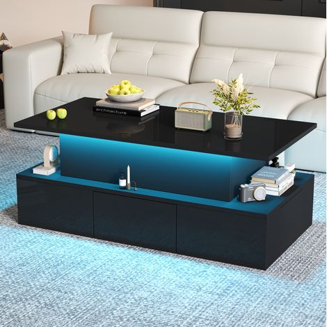 Mesa de centro elevable 100x50x40 cm MDF negro con LED, 4 cajones y almacenaje oculto - CHICFURN (1/5)