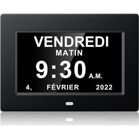 Reloj digital monobloque de 7 pulgadas con calendario, fecha y hora, reloj para padres con Alzheimer, recordatorio de toma de medicamentos - Negro - 204 x 143 x 24 mm