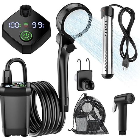 Douche De Camping Portable - Pompe Électrique 4 L/min - Chauffe-Eau Immersion 1500 W - Batterie Rechargeable 6000 mAh - 4 Modes De Pulvérisation - Étanche IPX7 - Pour Camping Randonnée Voyage Voiture (1/3)