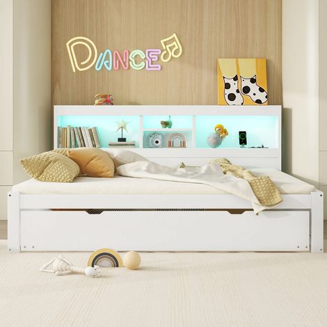 Lit banquette 140x200 cm avec sommier inclus, lit gigogne extensible avec LED, prise USB, rangement latéral, sans matelas, blanc (1/5)