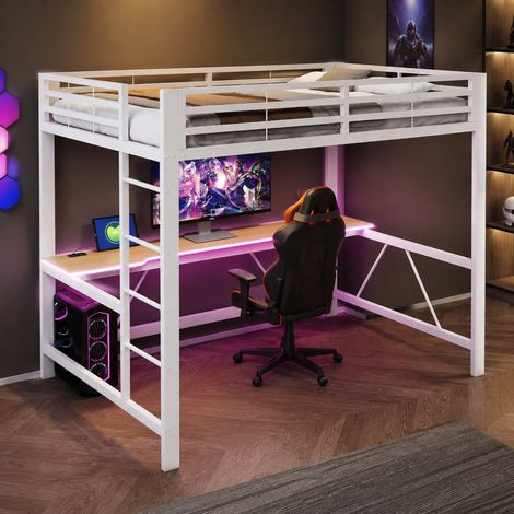 Gaming-Hochbett 140x200 aus Metall mit Schreibtisch, LED und USB-Ladestation, weiß OKMYHOME (1/5)