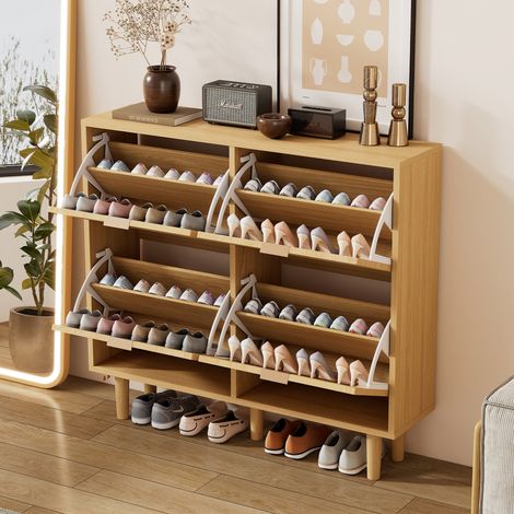 Schuhschrank mit 4 Klappschubladen, Schuhkommode aus Rattan mit Metallgriffen, Schuhregal für Flur, Schlafzimmer, Wohnung,Holzmöbel, Landhausstil, Maße: 100 x 25 x 90 cm