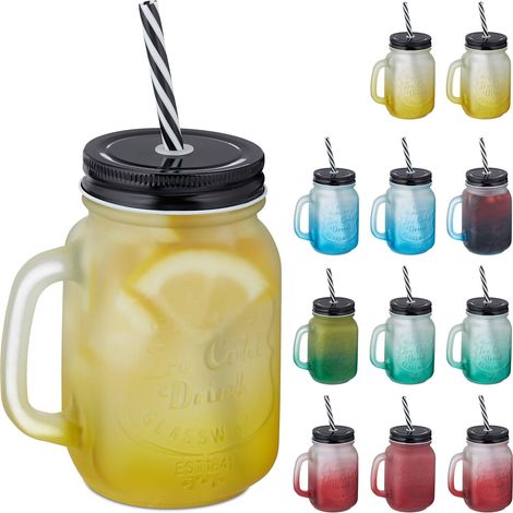 Jarre avec Paille et Couvercle, Lot de 12, 400 ML, Design givré, Verre avec Anse, gobelet, Multicolore - Noir (1/5)