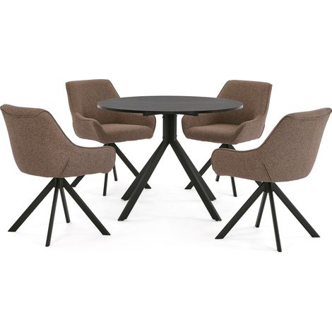Goeurvant 5-teiliges Set Tisch und Stühle – Tischplatte aus einem Stück – Runder Tisch 100 cm in Schwarzeiche und 4 schwenkbare braune Stühle – Skandinavischer Stil (1/5)