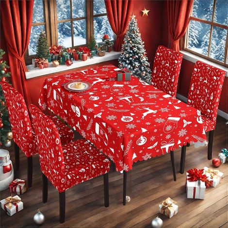 Nappe de Noël, housse de chaise décorative neuve, housse de dossier élastique de Noël, ensemble nappe de Noël et housse de chaise TC-204 (1/4)