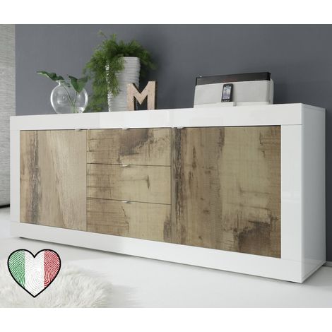 Credenza moderna bassa per soggiorno Bianco laccato lucido, 2 ante e 3 cassetti color Pero - Basic (1/4)