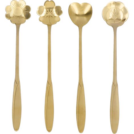 4 Pièces Cuillère à Café en Forme de Fleur et Cœur, Cuillère à Dessert en Acier Inoxydable, Cuillère à Thé Glacé Dorée