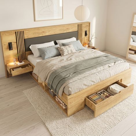 Lit avec rangement MDF coloris naturel 180x200 cm, tête de lit rembourrée PU, sommier inclus et éclairage (1/5)