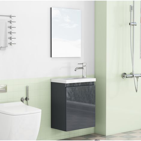 Mueble de baño mural 40 cm con lavabo de cerámica y espejo, gris brillante DESVIAE (1/5)